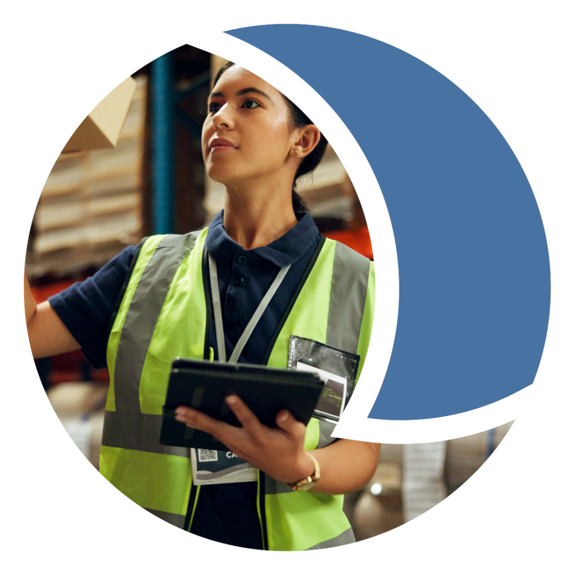 Female food distribution supervisor in high-visibility vest using tablet for inventory management in commercial warehouse facility.